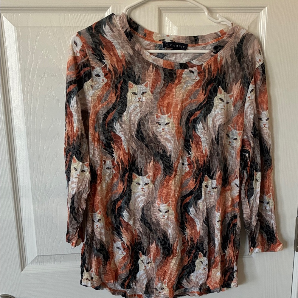 Women's Cat Print Top - Orange and Black